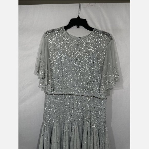 NWT $598 Mac Duggal [ 14 ] Cape Sleeve Beaded Tea A-Line Dress Powder Blue‎ - Picture 9 of 16